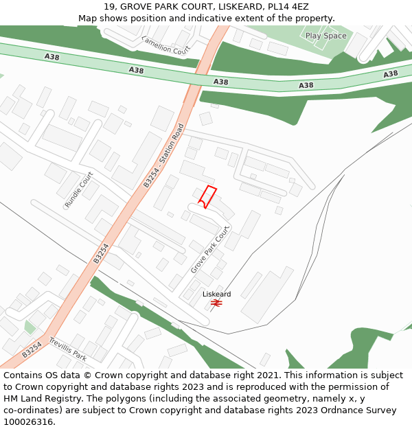 19, GROVE PARK COURT, LISKEARD, PL14 4EZ: Location map and indicative extent of plot