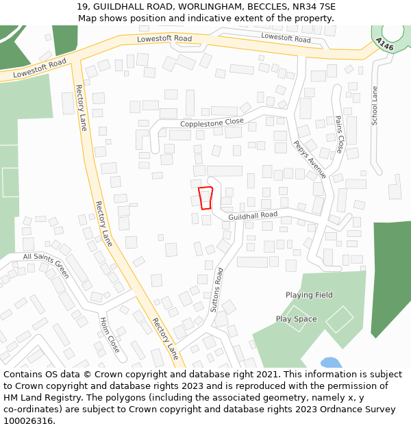 19, GUILDHALL ROAD, WORLINGHAM, BECCLES, NR34 7SE: Location map and indicative extent of plot