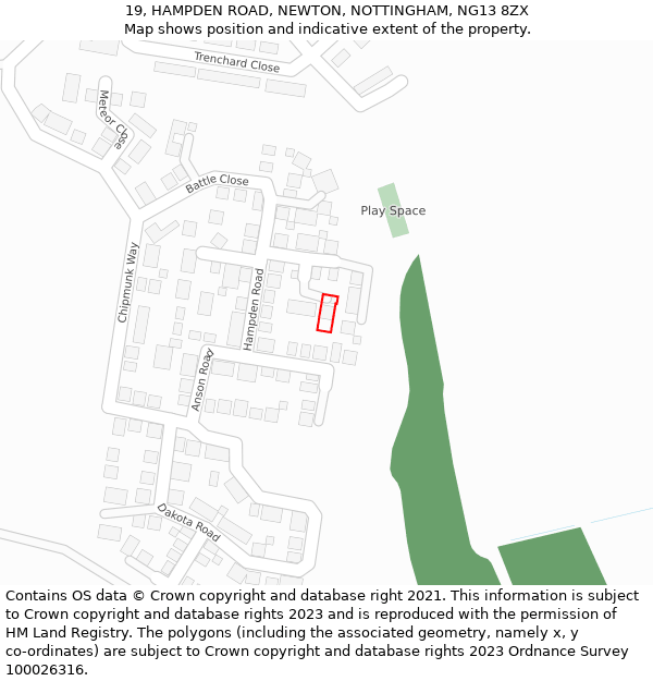 19, HAMPDEN ROAD, NEWTON, NOTTINGHAM, NG13 8ZX: Location map and indicative extent of plot