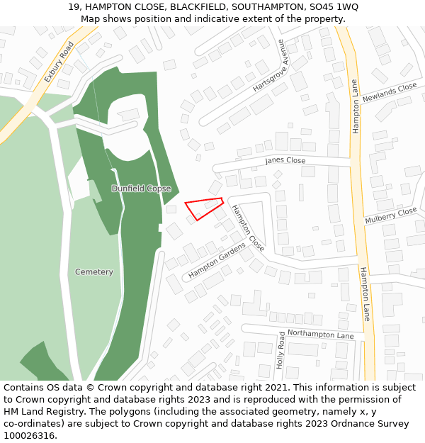 19, HAMPTON CLOSE, BLACKFIELD, SOUTHAMPTON, SO45 1WQ: Location map and indicative extent of plot