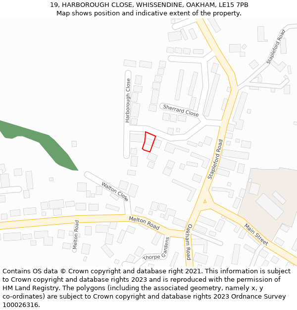 19, HARBOROUGH CLOSE, WHISSENDINE, OAKHAM, LE15 7PB: Location map and indicative extent of plot