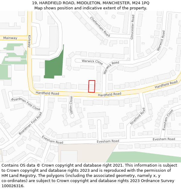 19, HARDFIELD ROAD, MIDDLETON, MANCHESTER, M24 1PQ: Location map and indicative extent of plot