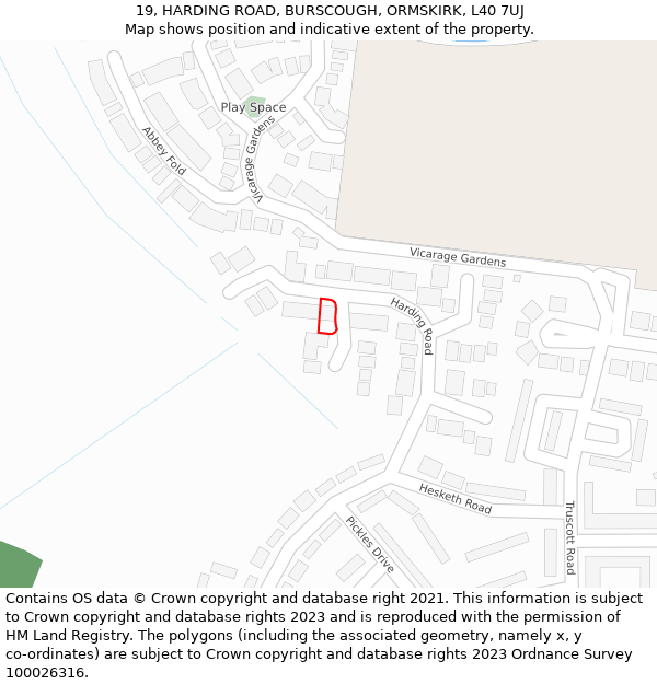 19, HARDING ROAD, BURSCOUGH, ORMSKIRK, L40 7UJ: Location map and indicative extent of plot