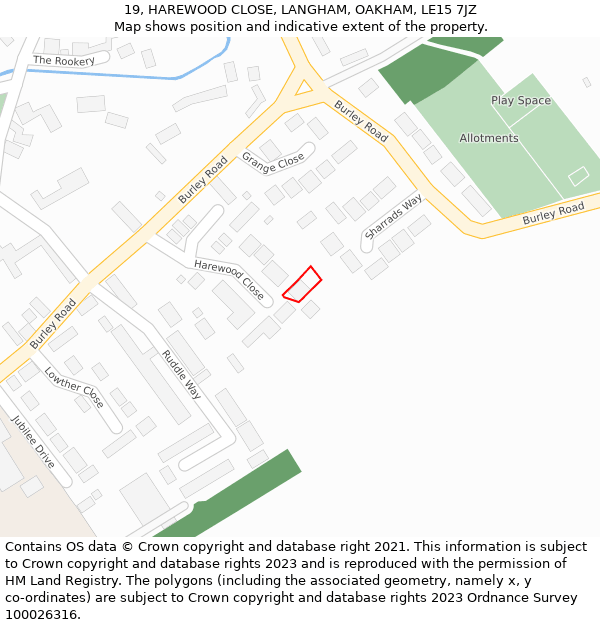 19, HAREWOOD CLOSE, LANGHAM, OAKHAM, LE15 7JZ: Location map and indicative extent of plot