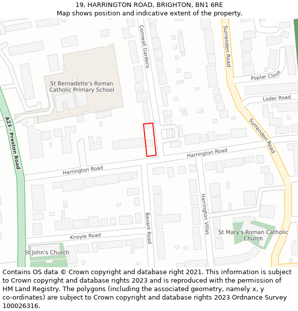 19, HARRINGTON ROAD, BRIGHTON, BN1 6RE: Location map and indicative extent of plot