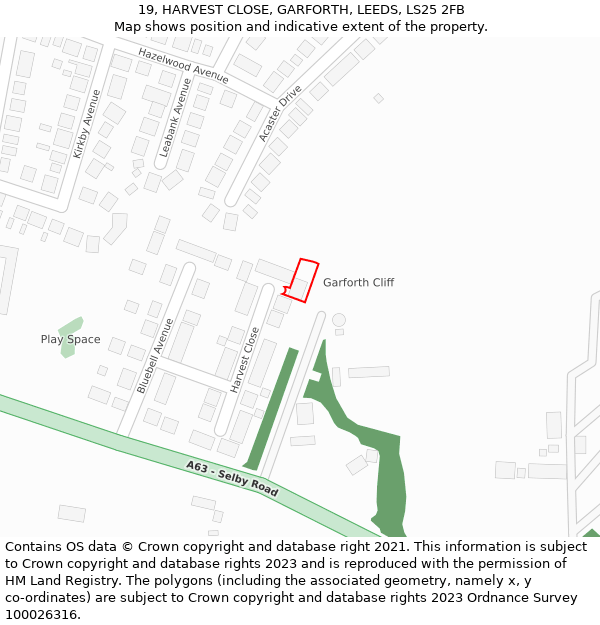 19, HARVEST CLOSE, GARFORTH, LEEDS, LS25 2FB: Location map and indicative extent of plot