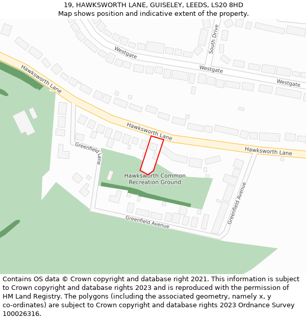 19, HAWKSWORTH LANE, GUISELEY, LEEDS, LS20 8HD: Location map and indicative extent of plot