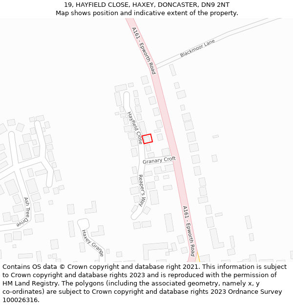 19, HAYFIELD CLOSE, HAXEY, DONCASTER, DN9 2NT: Location map and indicative extent of plot