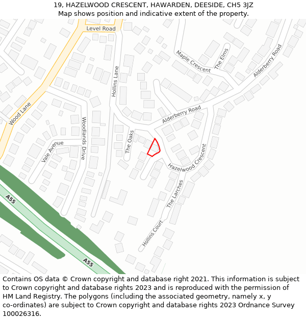 19, HAZELWOOD CRESCENT, HAWARDEN, DEESIDE, CH5 3JZ: Location map and indicative extent of plot