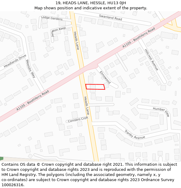 19, HEADS LANE, HESSLE, HU13 0JH: Location map and indicative extent of plot