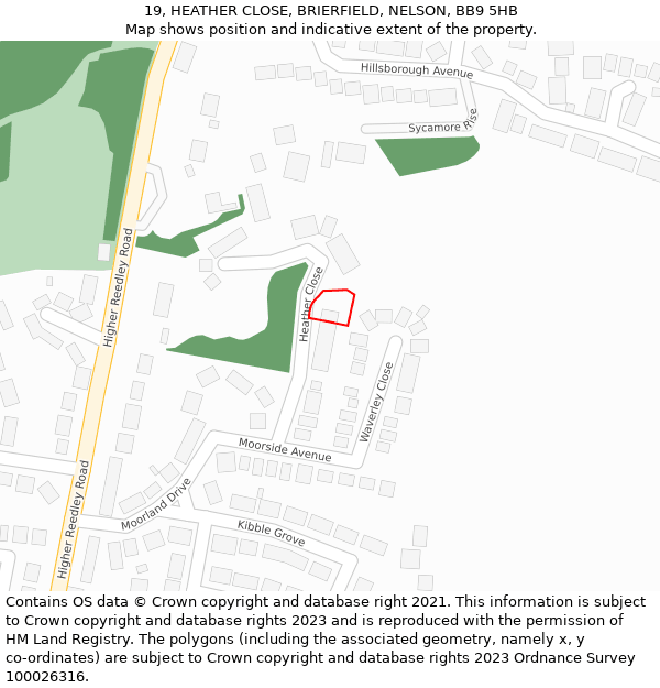 19, HEATHER CLOSE, BRIERFIELD, NELSON, BB9 5HB: Location map and indicative extent of plot