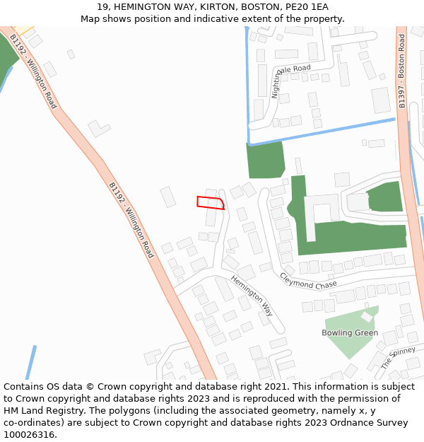 19, HEMINGTON WAY, KIRTON, BOSTON, PE20 1EA: Location map and indicative extent of plot