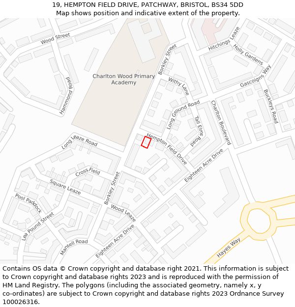 19, HEMPTON FIELD DRIVE, PATCHWAY, BRISTOL, BS34 5DD: Location map and indicative extent of plot