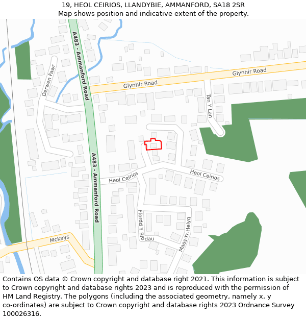 19, HEOL CEIRIOS, LLANDYBIE, AMMANFORD, SA18 2SR: Location map and indicative extent of plot