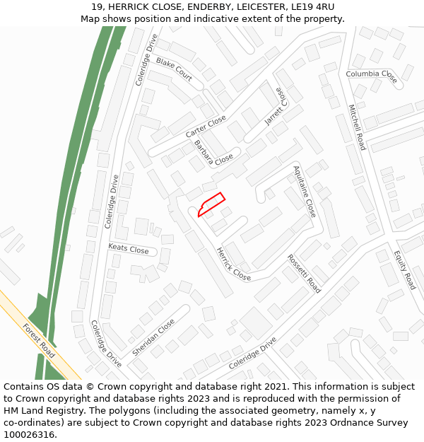 19, HERRICK CLOSE, ENDERBY, LEICESTER, LE19 4RU: Location map and indicative extent of plot