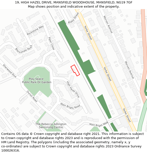 19, HIGH HAZEL DRIVE, MANSFIELD WOODHOUSE, MANSFIELD, NG19 7GF: Location map and indicative extent of plot