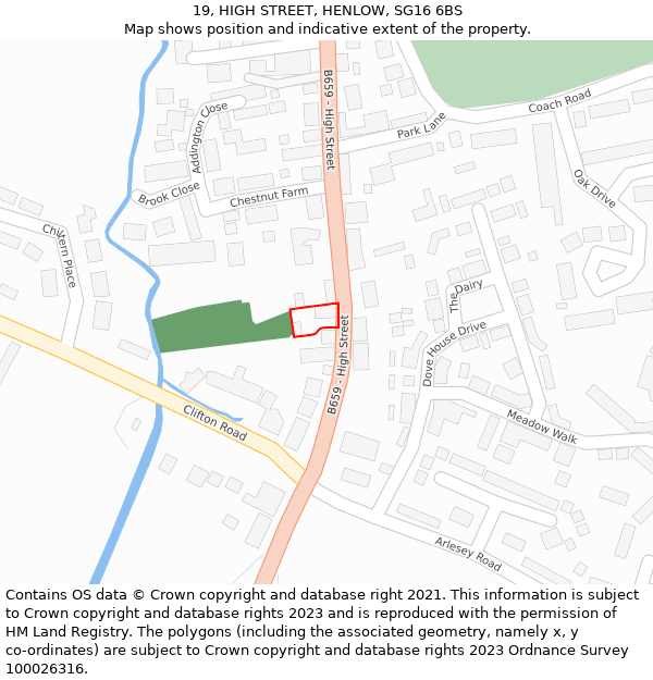 19, HIGH STREET, HENLOW, SG16 6BS: Location map and indicative extent of plot