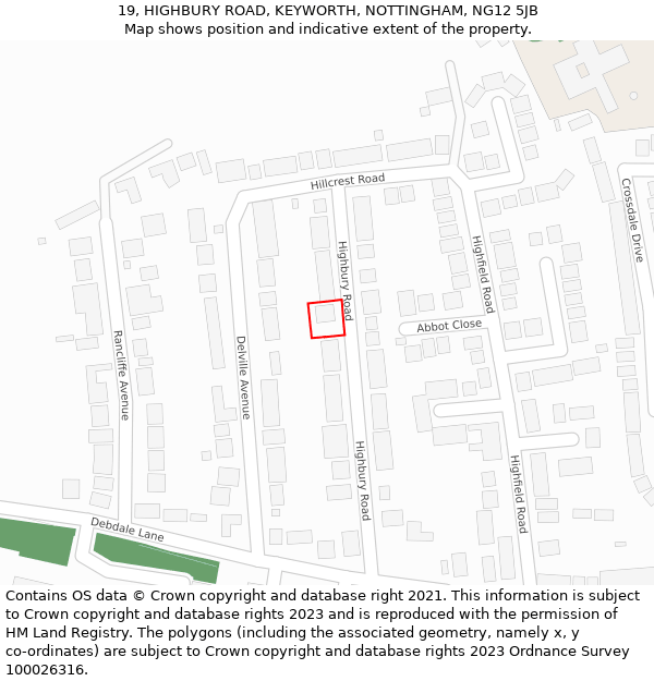 19, HIGHBURY ROAD, KEYWORTH, NOTTINGHAM, NG12 5JB: Location map and indicative extent of plot