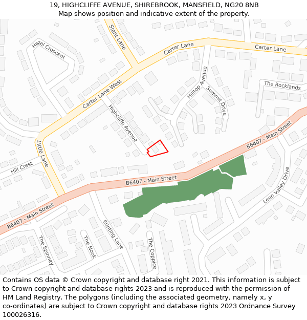 19, HIGHCLIFFE AVENUE, SHIREBROOK, MANSFIELD, NG20 8NB: Location map and indicative extent of plot