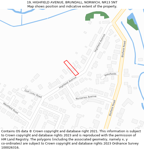 19, HIGHFIELD AVENUE, BRUNDALL, NORWICH, NR13 5NT: Location map and indicative extent of plot