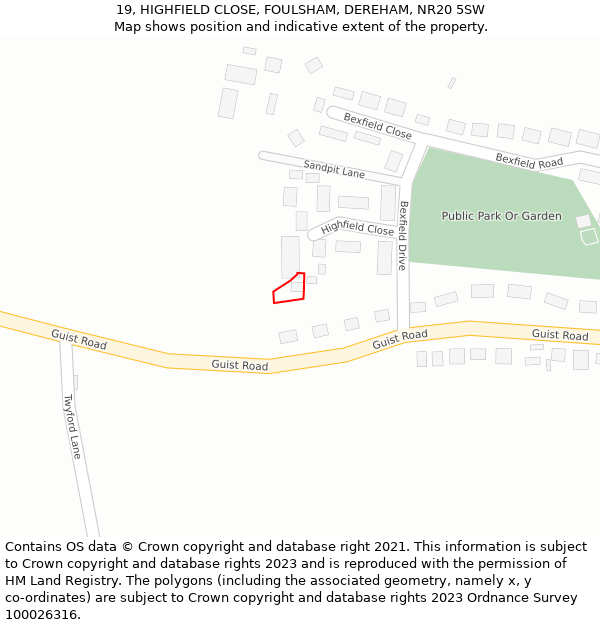 19, HIGHFIELD CLOSE, FOULSHAM, DEREHAM, NR20 5SW: Location map and indicative extent of plot