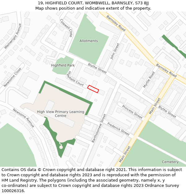 19, HIGHFIELD COURT, WOMBWELL, BARNSLEY, S73 8JJ: Location map and indicative extent of plot