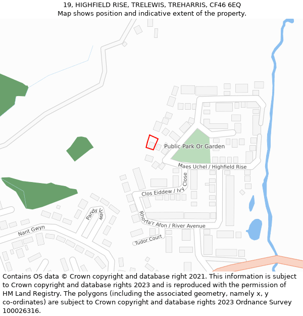 19, HIGHFIELD RISE, TRELEWIS, TREHARRIS, CF46 6EQ: Location map and indicative extent of plot