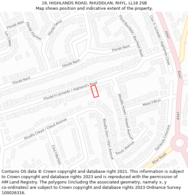 19, HIGHLANDS ROAD, RHUDDLAN, RHYL, LL18 2SB: Location map and indicative extent of plot