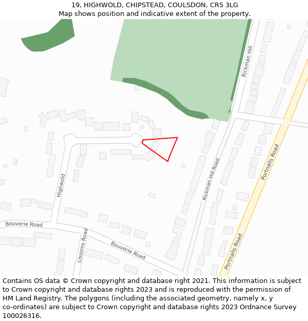 19, HIGHWOLD, CHIPSTEAD, COULSDON, CR5 3LG: Location map and indicative extent of plot