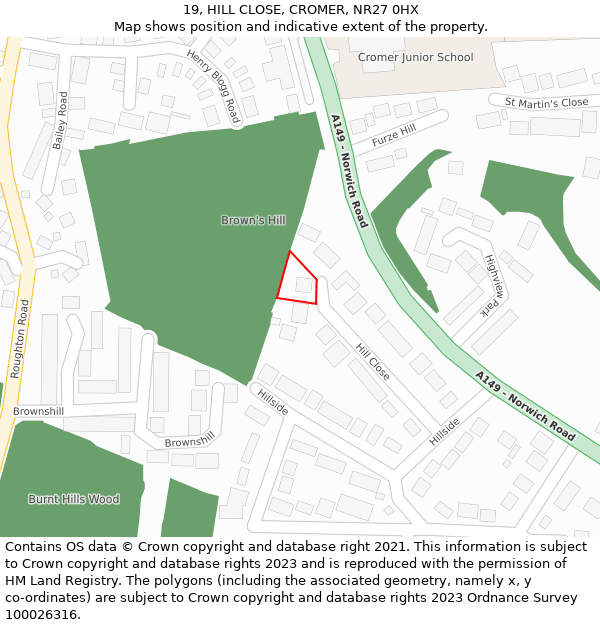 19, HILL CLOSE, CROMER, NR27 0HX: Location map and indicative extent of plot