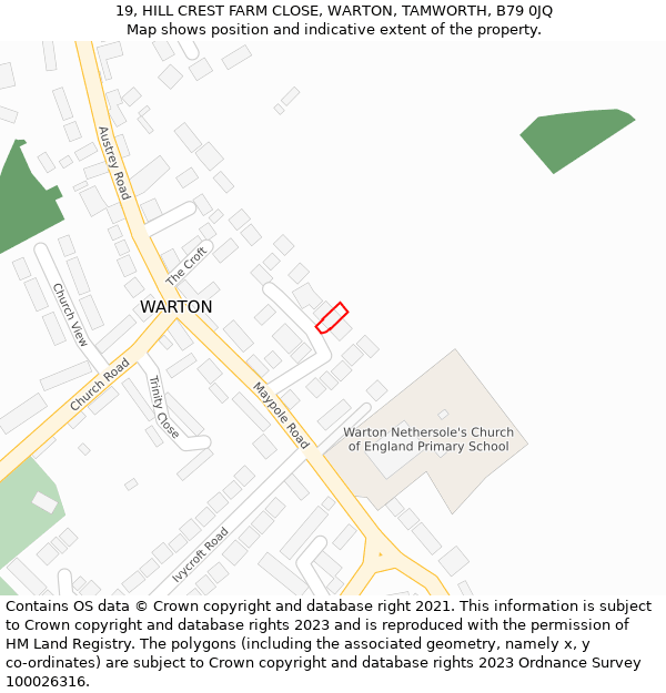 19, HILL CREST FARM CLOSE, WARTON, TAMWORTH, B79 0JQ: Location map and indicative extent of plot