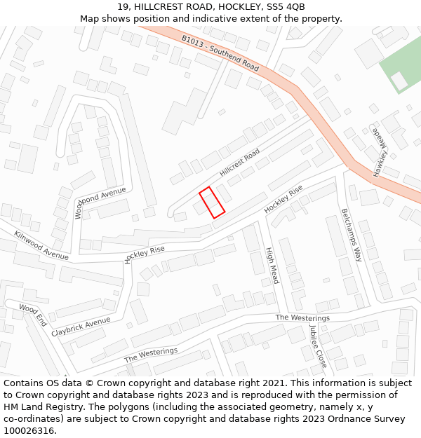 19, HILLCREST ROAD, HOCKLEY, SS5 4QB: Location map and indicative extent of plot