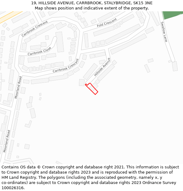 19, HILLSIDE AVENUE, CARRBROOK, STALYBRIDGE, SK15 3NE: Location map and indicative extent of plot