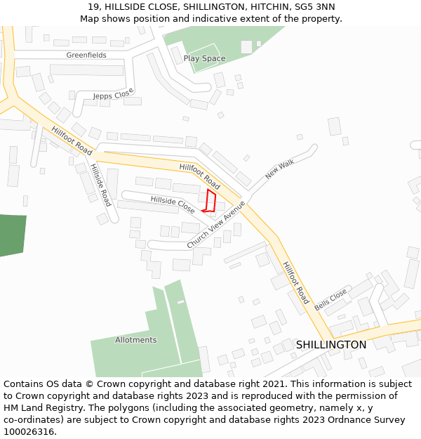 19, HILLSIDE CLOSE, SHILLINGTON, HITCHIN, SG5 3NN: Location map and indicative extent of plot