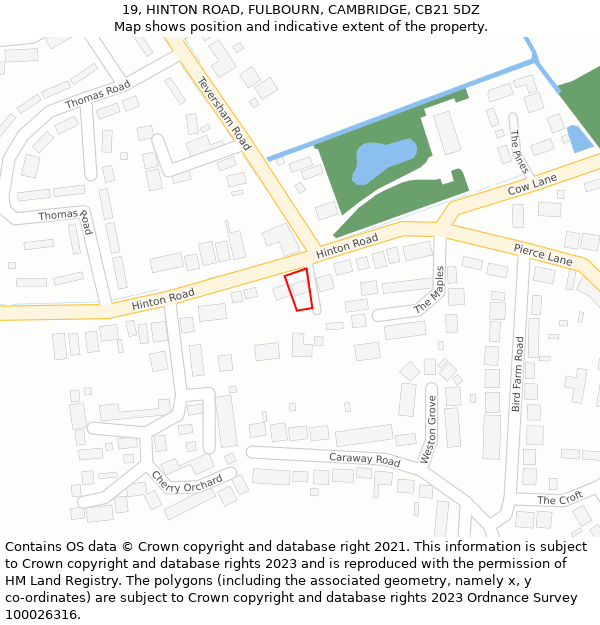 19, HINTON ROAD, FULBOURN, CAMBRIDGE, CB21 5DZ: Location map and indicative extent of plot