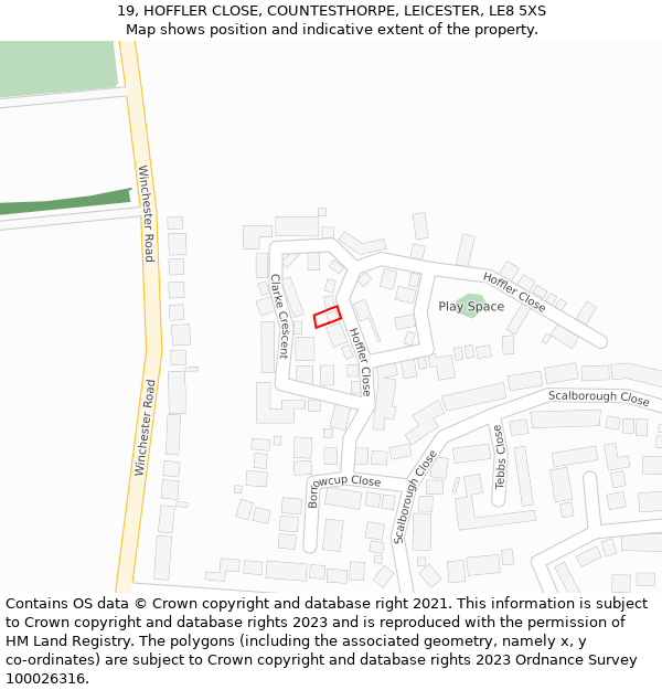 19, HOFFLER CLOSE, COUNTESTHORPE, LEICESTER, LE8 5XS: Location map and indicative extent of plot