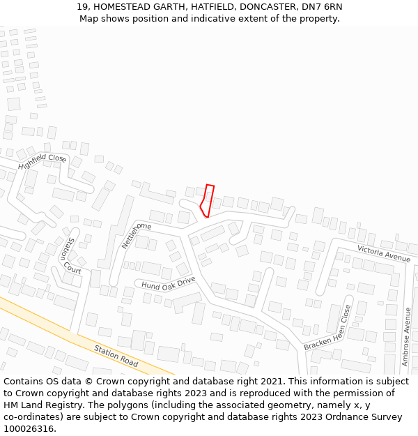 19, HOMESTEAD GARTH, HATFIELD, DONCASTER, DN7 6RN: Location map and indicative extent of plot