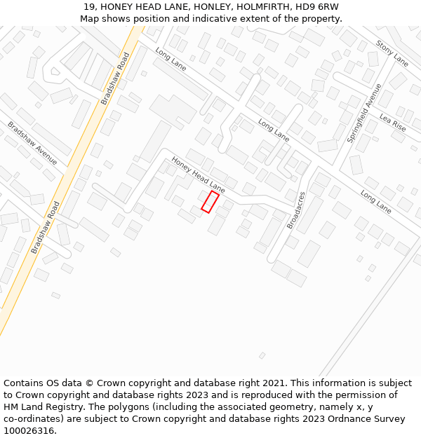 19, HONEY HEAD LANE, HONLEY, HOLMFIRTH, HD9 6RW: Location map and indicative extent of plot