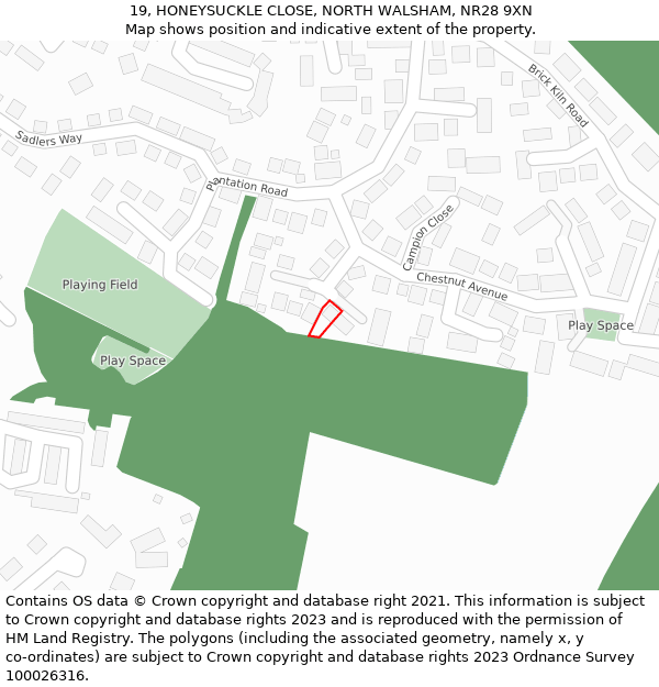 19, HONEYSUCKLE CLOSE, NORTH WALSHAM, NR28 9XN: Location map and indicative extent of plot