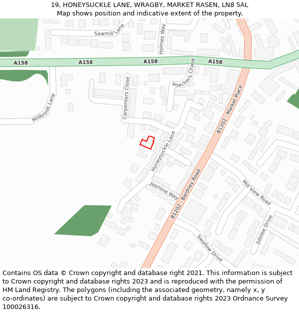 19, HONEYSUCKLE LANE, WRAGBY, MARKET RASEN, LN8 5AL: Location map and indicative extent of plot