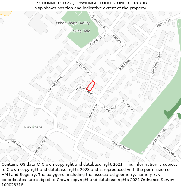 19, HONNER CLOSE, HAWKINGE, FOLKESTONE, CT18 7RB: Location map and indicative extent of plot