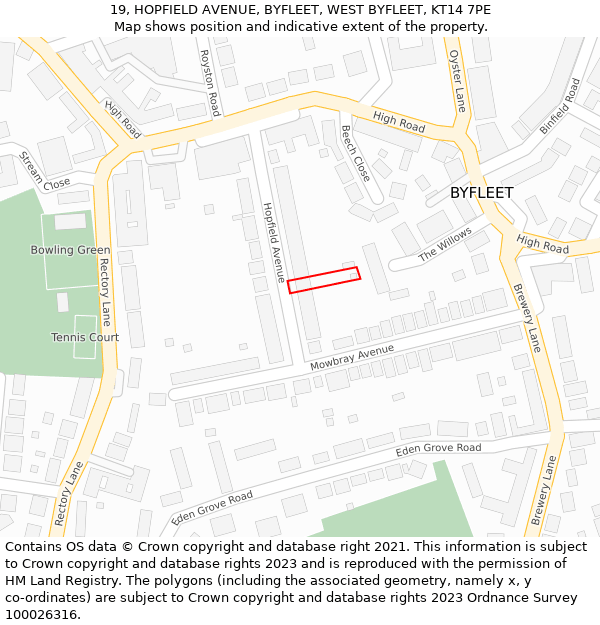 19, HOPFIELD AVENUE, BYFLEET, WEST BYFLEET, KT14 7PE: Location map and indicative extent of plot