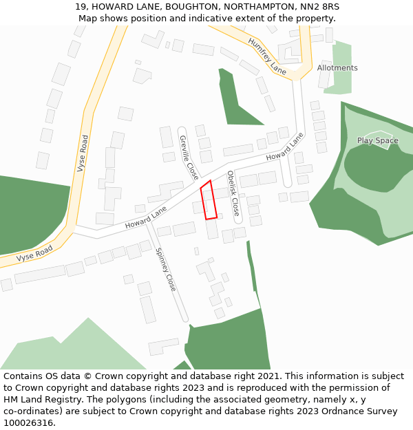 19, HOWARD LANE, BOUGHTON, NORTHAMPTON, NN2 8RS: Location map and indicative extent of plot