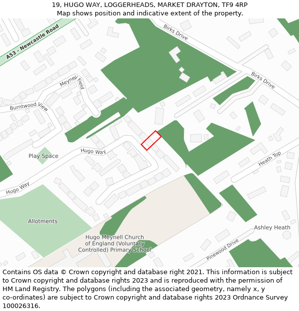 19, HUGO WAY, LOGGERHEADS, MARKET DRAYTON, TF9 4RP: Location map and indicative extent of plot