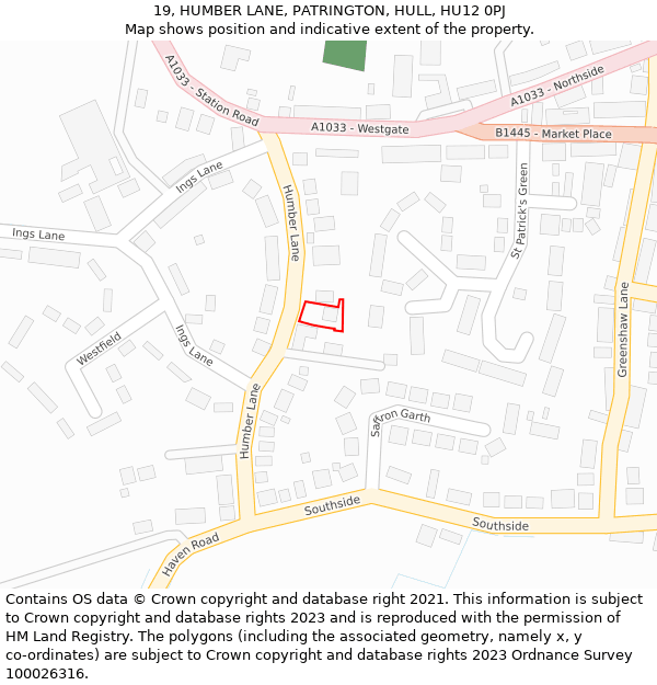 19, HUMBER LANE, PATRINGTON, HULL, HU12 0PJ: Location map and indicative extent of plot