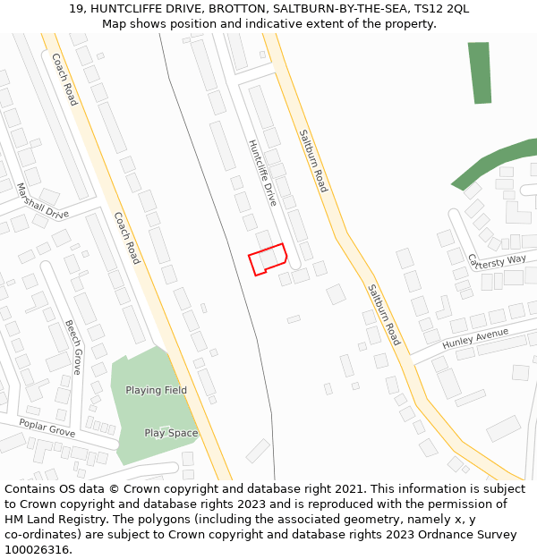 19, HUNTCLIFFE DRIVE, BROTTON, SALTBURN-BY-THE-SEA, TS12 2QL: Location map and indicative extent of plot