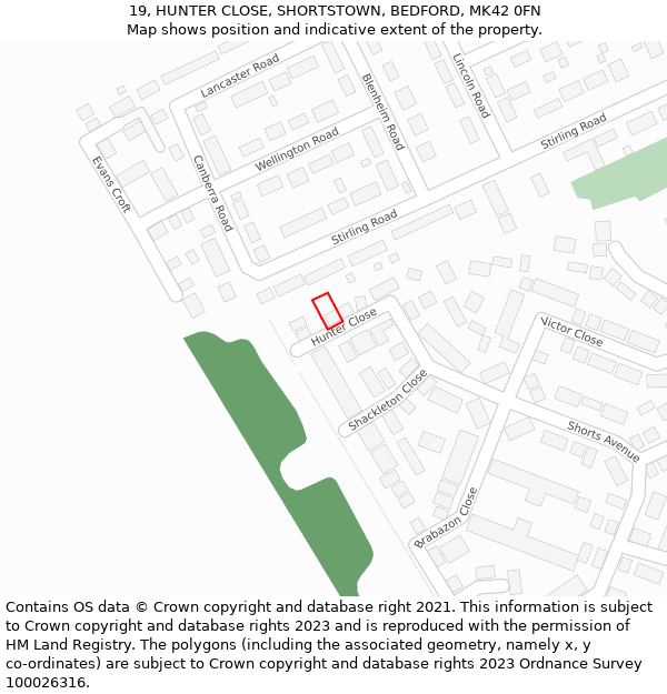 19, HUNTER CLOSE, SHORTSTOWN, BEDFORD, MK42 0FN: Location map and indicative extent of plot