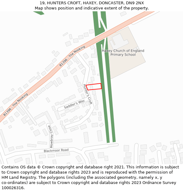 19, HUNTERS CROFT, HAXEY, DONCASTER, DN9 2NX: Location map and indicative extent of plot