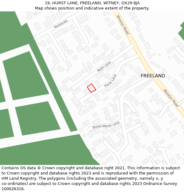 19, HURST LANE, FREELAND, WITNEY, OX29 8JA: Location map and indicative extent of plot