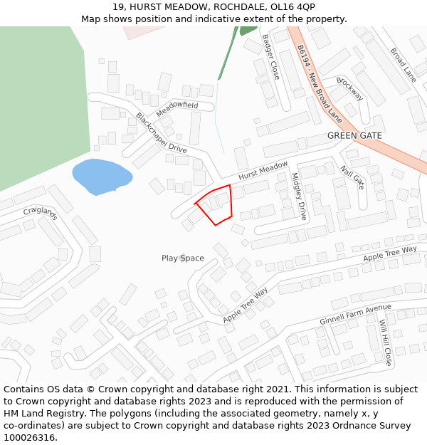 19, HURST MEADOW, ROCHDALE, OL16 4QP: Location map and indicative extent of plot